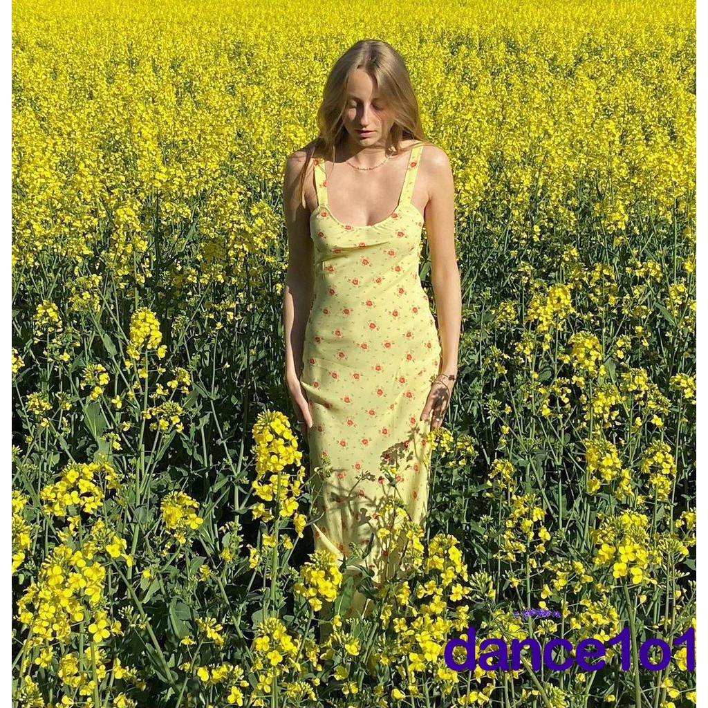 Đầm dài không tay cổ chữ U họa tiết hoa thời trang ngọt ngào gợi cảm