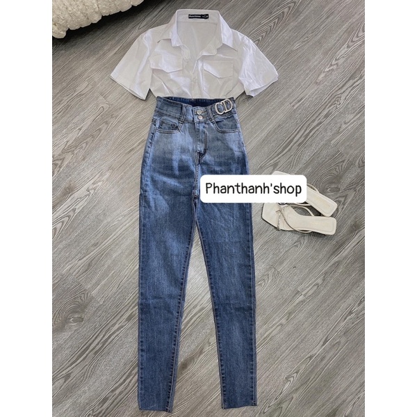 Set Áo sơmi phối Quần jeans dài ôm body khoen CD Siêu Cao