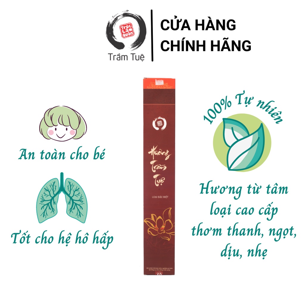 Nhang Sạch Trầm Hương TRẦM TUỆ, Cao Cấp, 100% Tự Nhiên, Ít Khói, Không Hóa Chất Độc Hại, Không Cuốn Tàn - Hộp 50 Nén