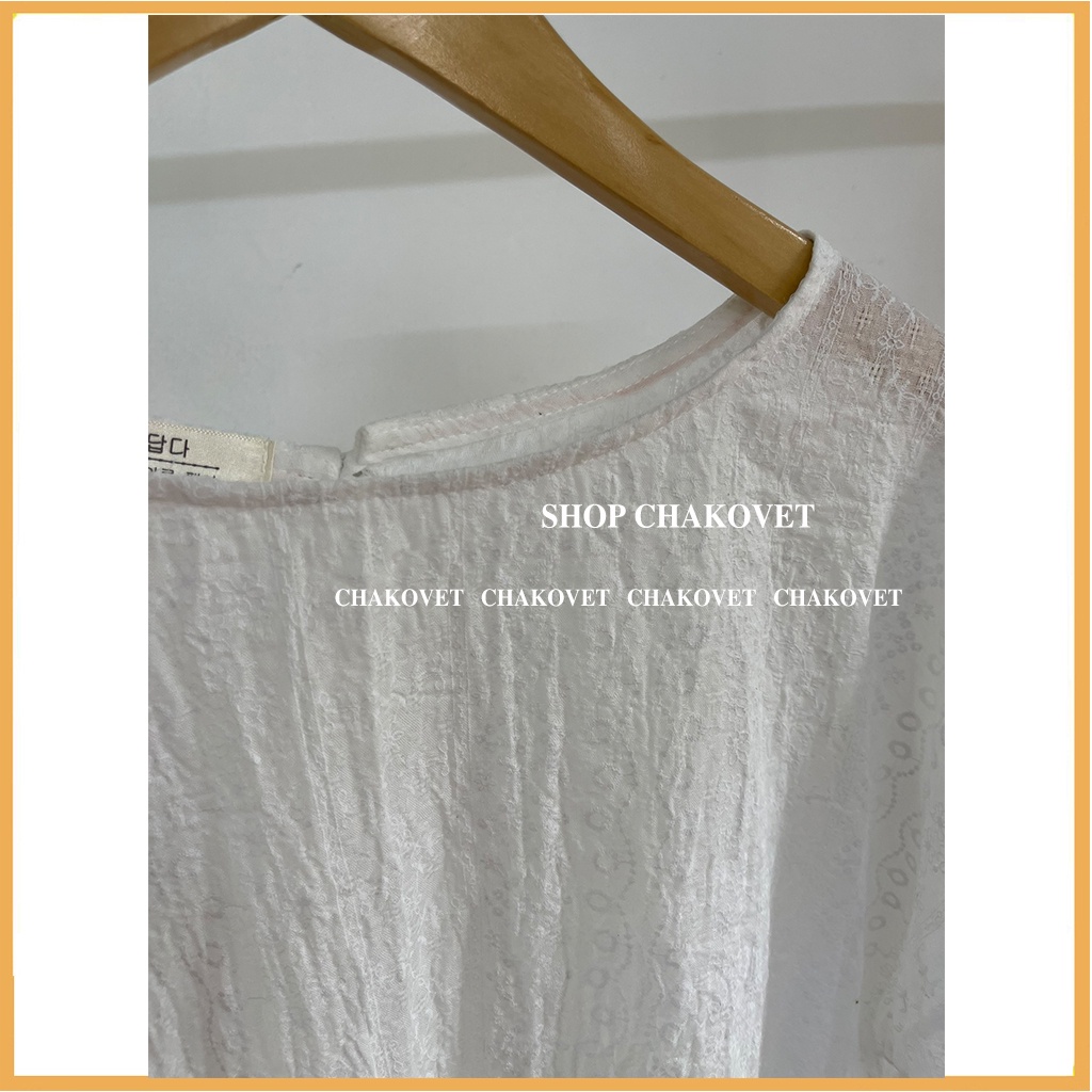 Áo sơ mi nữ tay dài form rộng CKA877, kiểu áo nữ dáng babydoll cổ tròn tay bồng hoa văn dập nổi style hàn quốc cực xinh