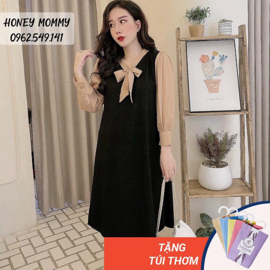 Váy Bầu Công Sở Tay Voan Váy Bầu Đi Làm Dài Tay Cổ Nơ Lịch Sự HD4618 Honey Mommy Đầm Bầu Công Sở Cổ Nơ . *