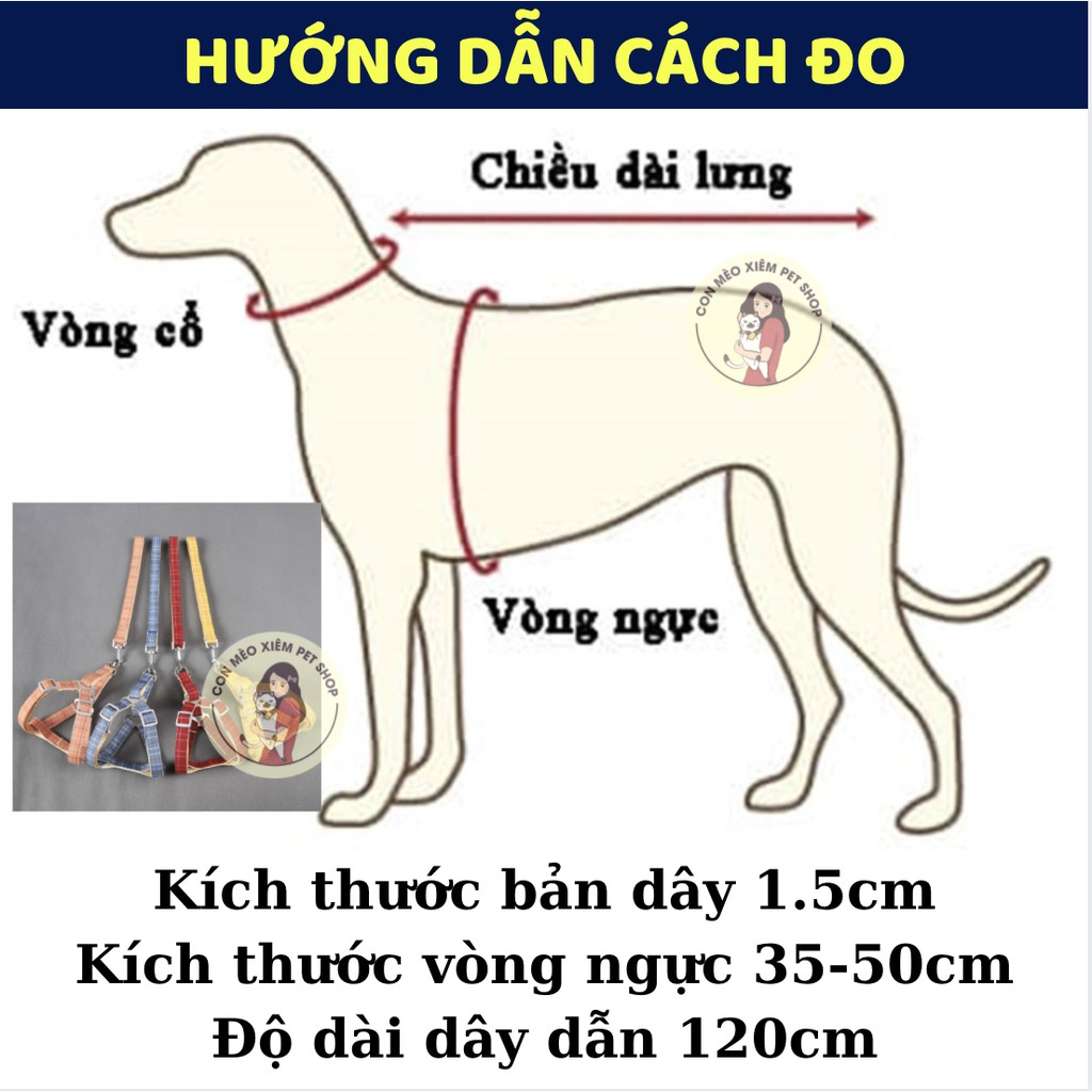 Dây dắt chó mèo lớn caro 1,5cm từ 15kg, phụ kiện cho thú cưng dẫn đi Con Mèo Xiêm