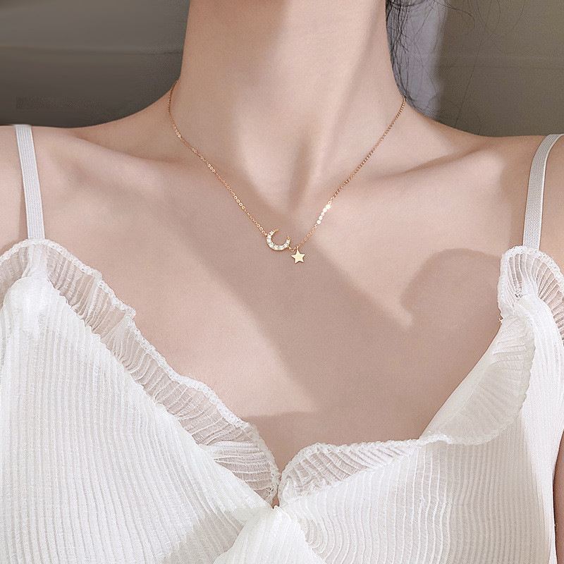 Dây chuyền mặt hình ngôi sao và mặt trăng đính đá zircon phong cách Hàn Quốc thời trang dành cho nữ