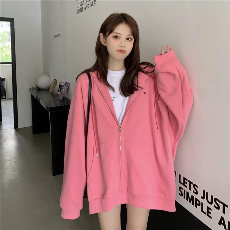 Áo khoác nỉ trơn from rộng UNISEX,áo hoodie kéo khóa OVERSIZE ulzzang màu hồng cam xám cá tính,TONGKHOQUANAONU