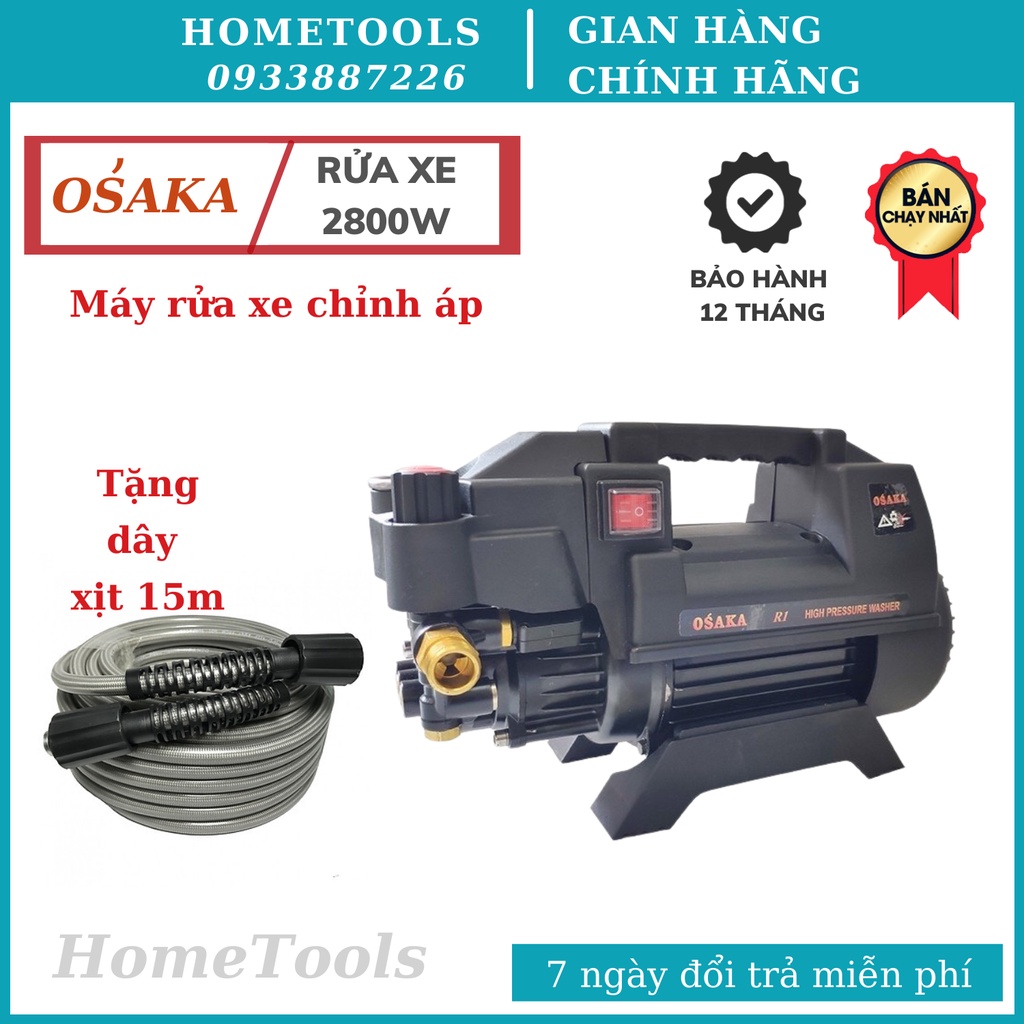 Máy xịt rửa xe chỉnh áp Osaka R1 - Công suất 2800W - Tặng dây xịt 15 mét