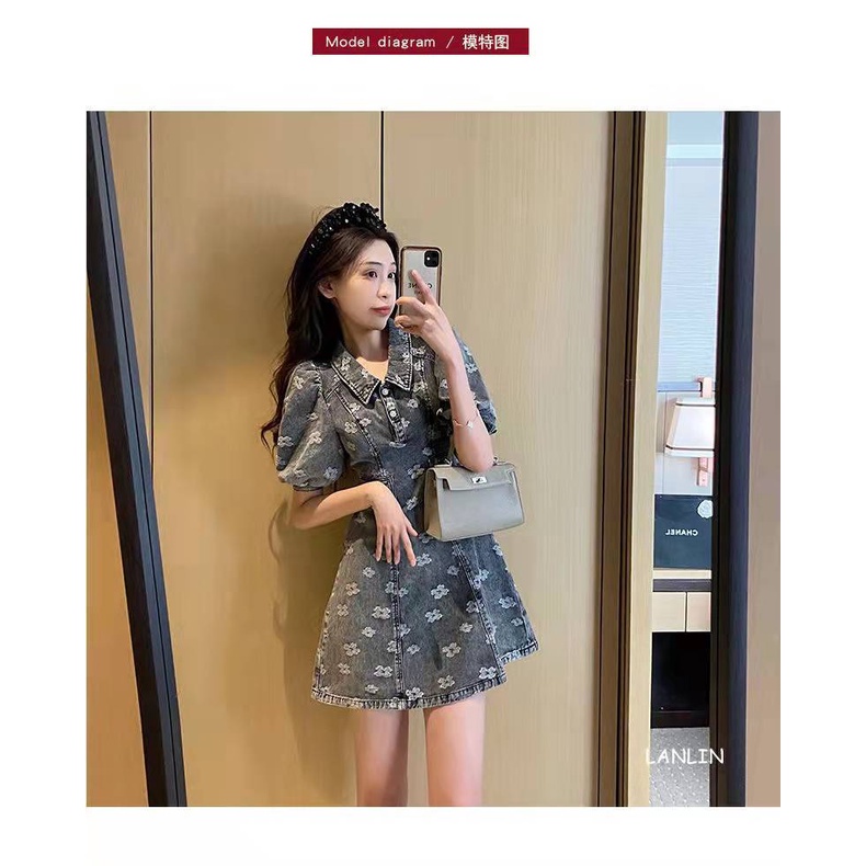 Váy demin cổ tích mua xuân form ngắn thiết kế chữ A kiểu Pháp