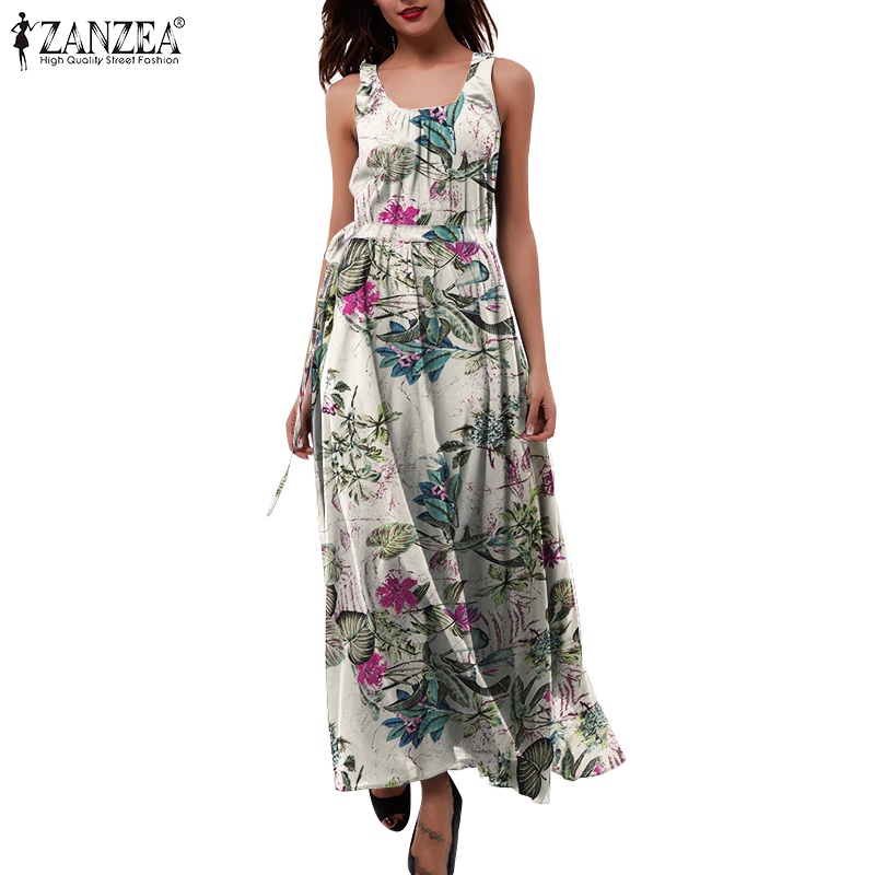 Zanzea Đầm Dây Rút Không Tay In Họa Tiết Thời Trang Nữ