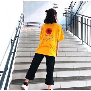 Áo Thun Nữ Unisex Tay Lỡ Màu Vàng In Bông Hoa Chữ Hàn Quốc DLX