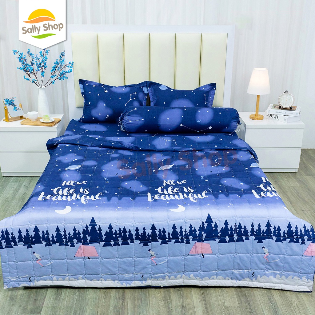 Trọn Bộ Chăn Hè Trần Bông Kèm Ga Áo Gối Nằm Cotton Poly Mẫu GOODNIGHT