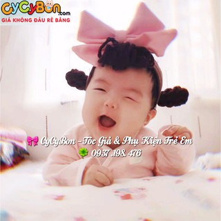 Băng Đô Cho Bé Gái Tóc Giả Thun Len Đính Nơ Hồng Bính Cuộn 2 Bên !