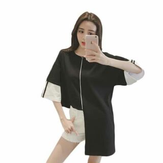 Áo xẻ tà phối màu trắng đen