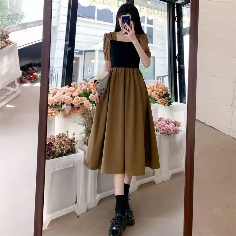 Đầm Tay Ngắn Cổ Vuông Màu Sắc Tương Phản Phong Cách Pháp Thanh Lịch