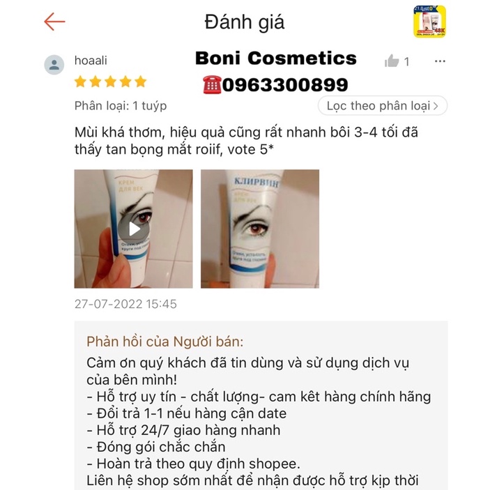 Kem giảm thâm mắt Klirvin Nga-  kem mờ thâm, xoá nếp nhăn mắt