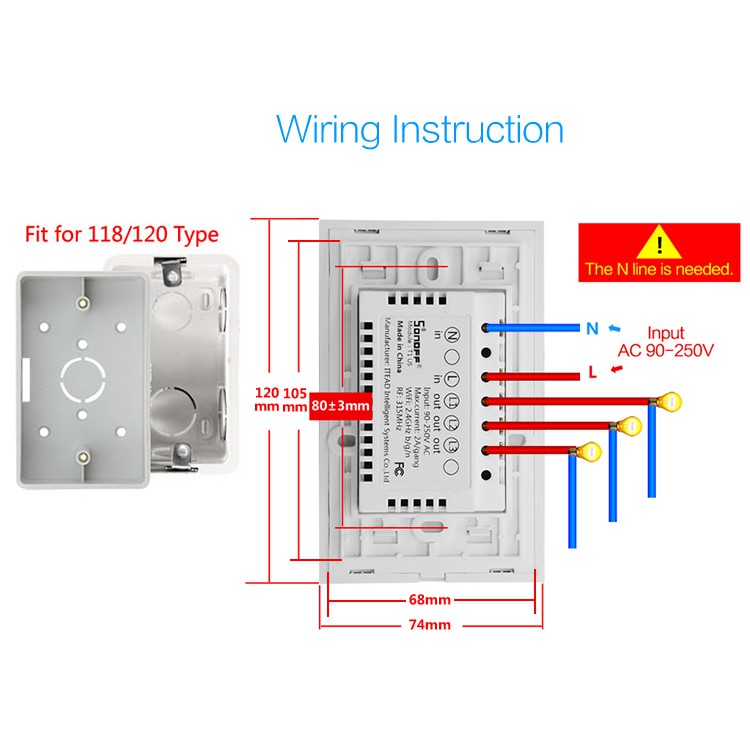 Công tắc điện thông minh wifi Sonoff T2 US 1,2,3 Nút - Chính Hãng Sonoff