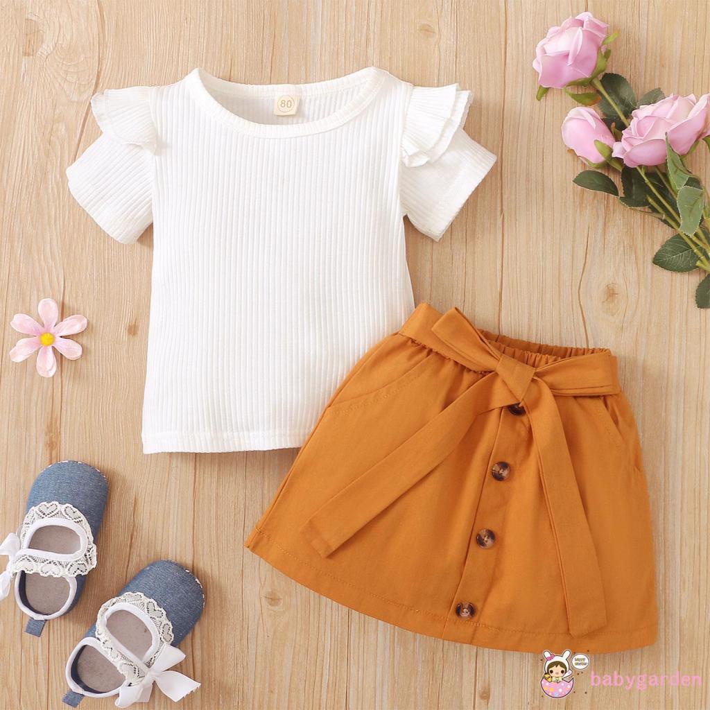 Bộ áo sơ mi cổ tròn tay ngắn phối bèo + chân váy ngắn màu trơn thời trang mùa hè cho bé gái 1-5 tuổi