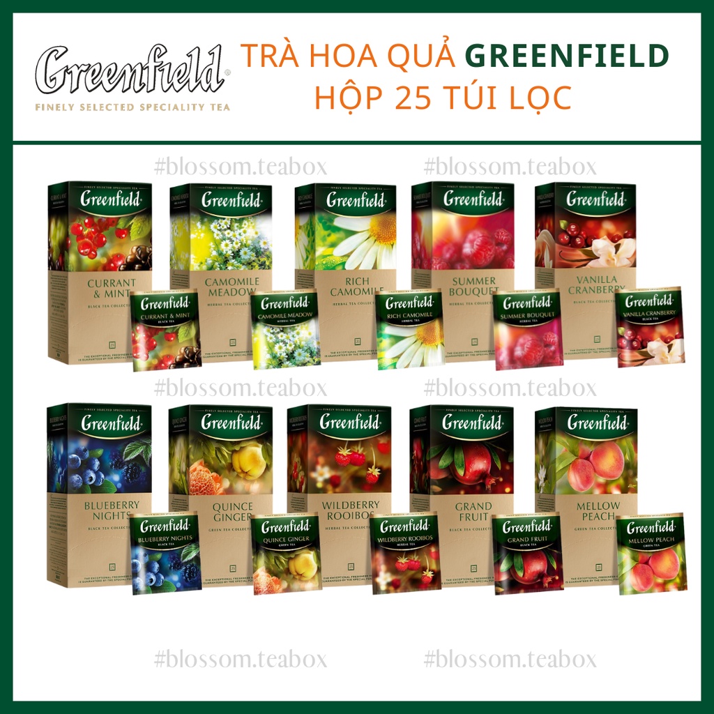 Trà hoa quả Greenfield 25 gói: Blueberry night, Currant Mint, Summer Bouquet, Mellow Peach...