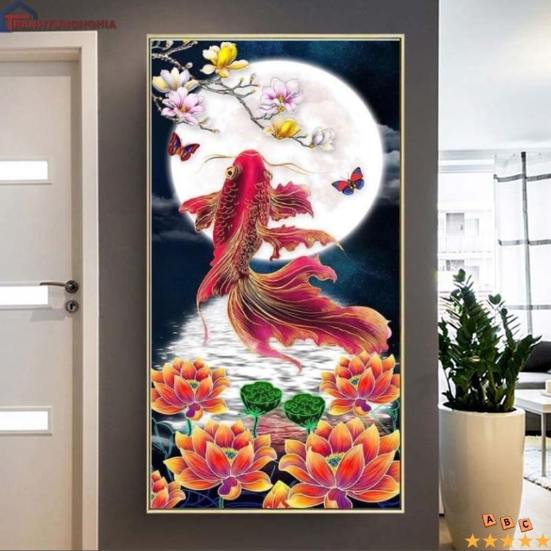 Tranh đính đá, tranh thêu chữ thập cá chép hóa rồng