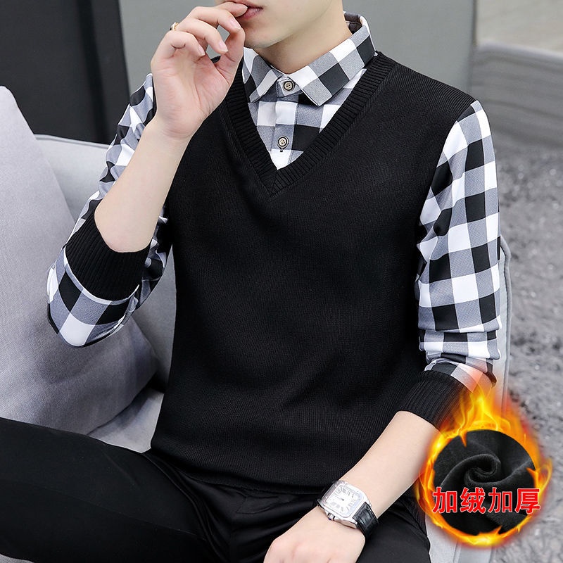 # Áo Khoác Nam# Cổ Áo Sơ Mi Giả Hai Lớp Thời Trang Thu Đông Cho Nam# Áo Sweater Dệt Kim Phong Cách Thời Trang Hàn Quốc