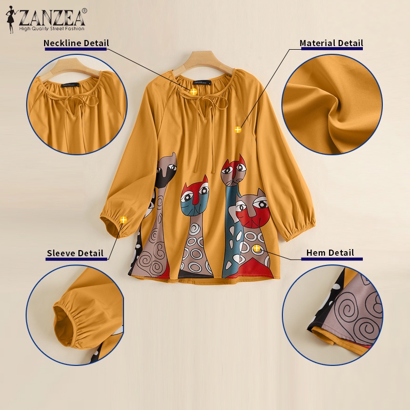 Áo kiểu ZANZEA tay lửng cổ tròn họa tiết mèo vintage thời trang tùy chọn màu sắc dành cho nữ