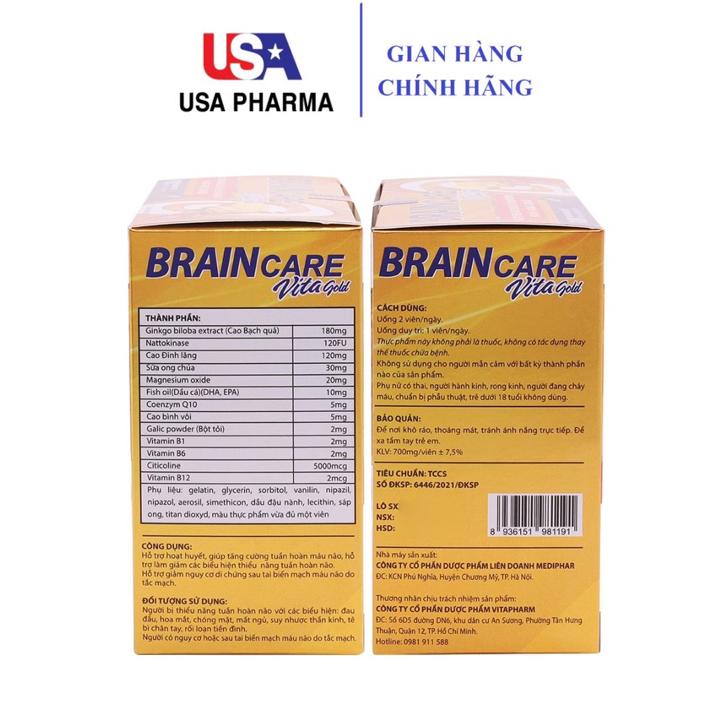 Hoạt huyết dưỡng não BrainCare Ginkgo Biloba nattokinase - 100 viên [BRAIN CARE VITA GOLD vàng]
