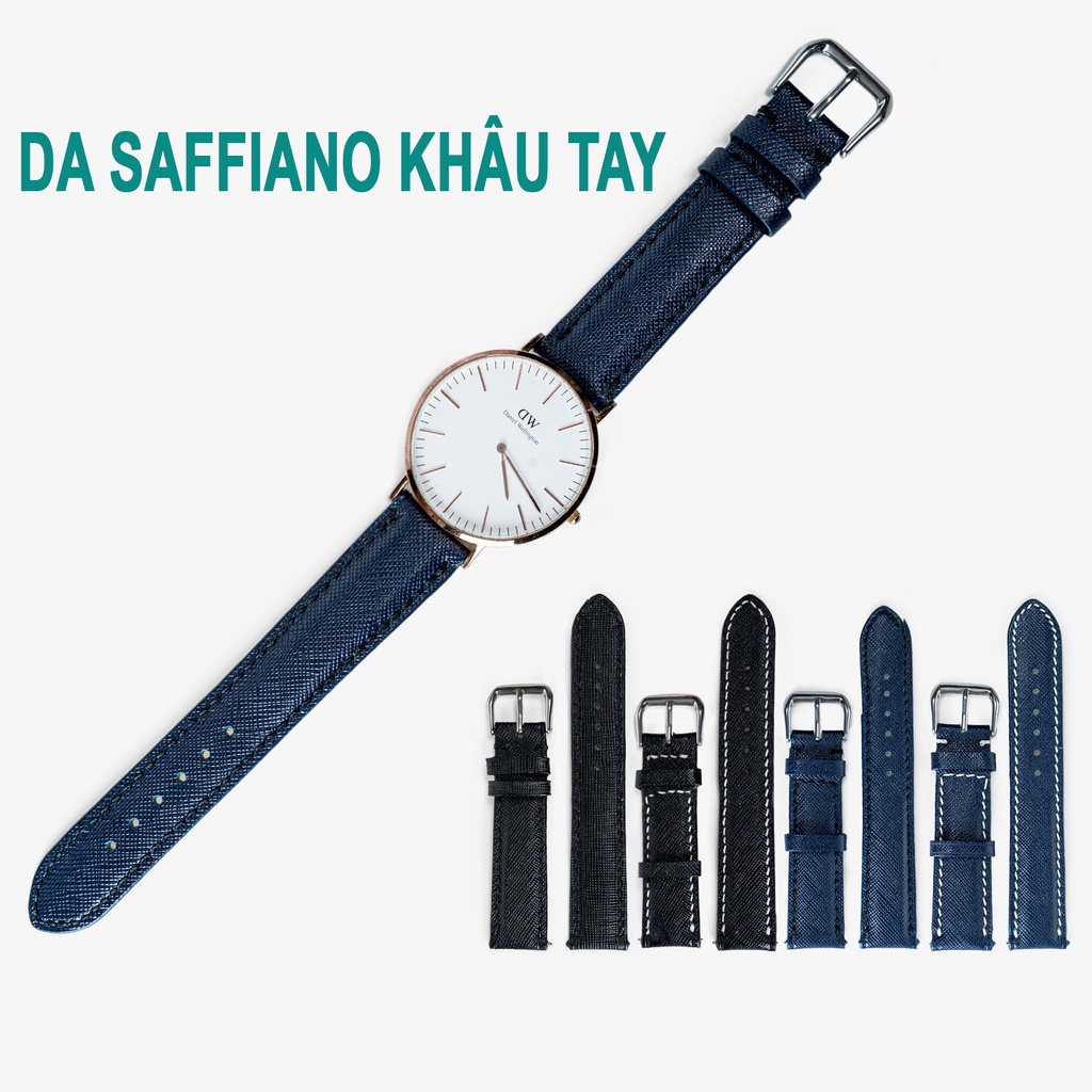 Dây da đồng hồ nam da saffiano cao cấp-khâu tay thủ công D112 size 18mm, 20mm, 22mm, 24mm-Bụi Leather