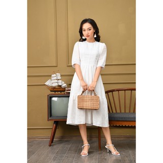 Váy Linen Nữ K115 - Đầm Đuôi Cá Cổ Tròn Thêu Ren Ngực Thiết Kế Thanh Lịch Cao Cấp