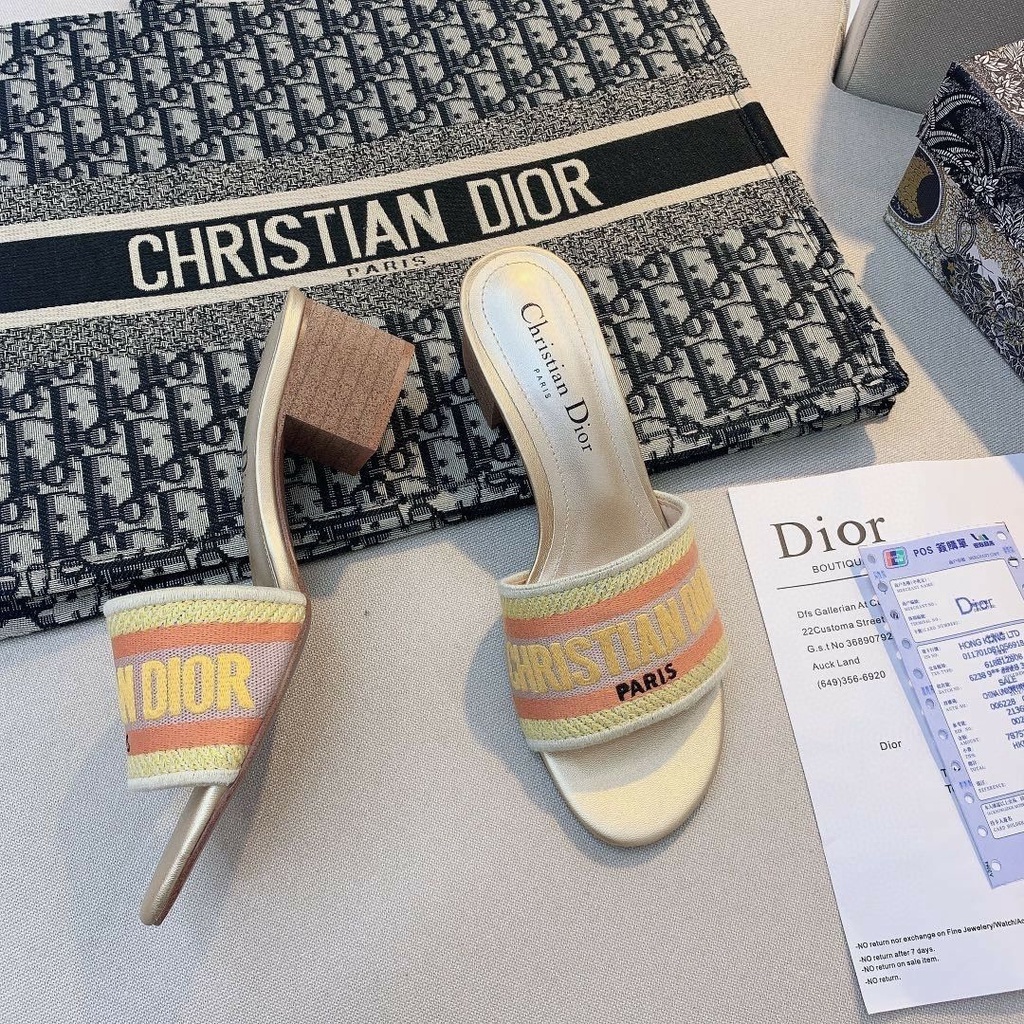 Dép Da Thật Gót Vừa Dày Dặn Thêu Chữ D Thời Trang Mùa Hè Năm 2021 Cho Nữ