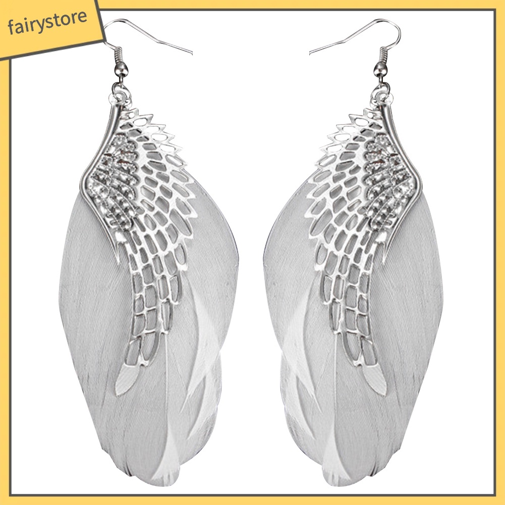 Đôi bông tai dáng dài mặt hình cánh thiên thần phối lông vũ thời trang cho nữ