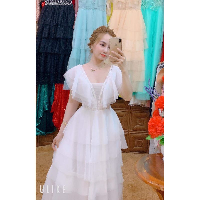 Đầm dư tiêc bèo vai tiểu thư tần maxxi kèm ảnh thât