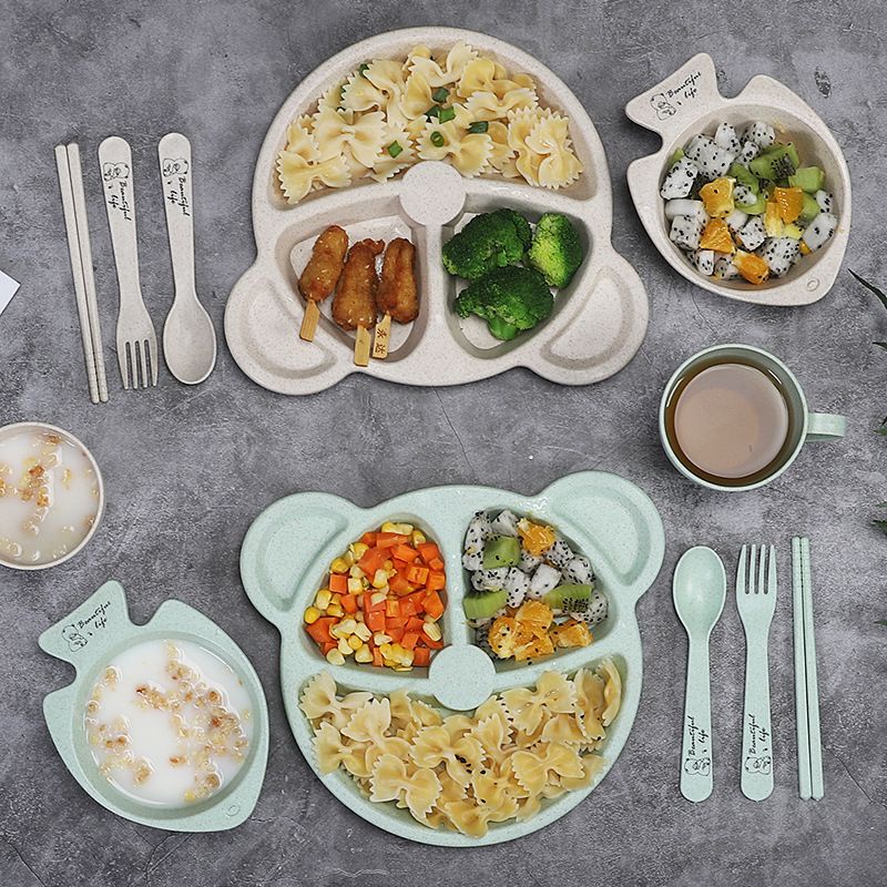 Khay ăn dặm 3 ngăn 6 món (muỗng, đũa, nĩa, ly, ca),,,