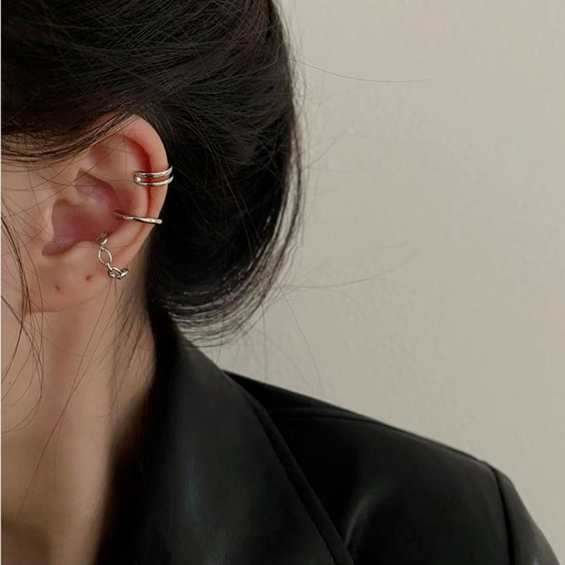 Set 3 Khuyên Tai Bạc Không Xỏ Lỗ Kiểu Dáng Hình Học Thời Trang Dành Cho Nữ
