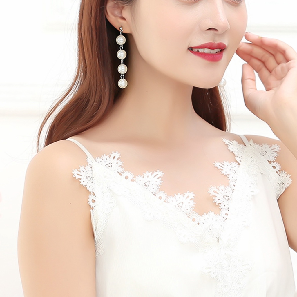 Khuyên tai dáng dài đính ngọc trai nhân tạo thời trang