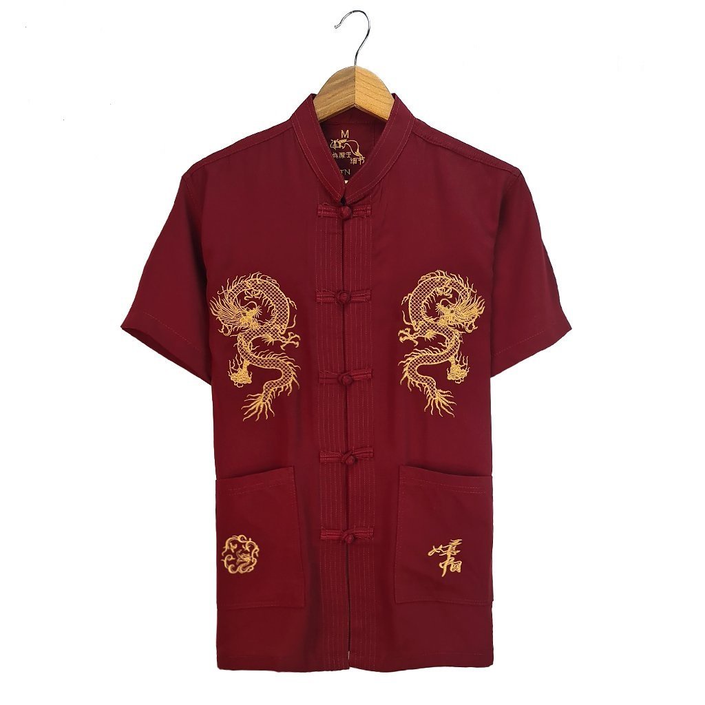 Áo sơ mi nam cổ tàu trung niên chất đũi dày dặn mềm mát loại áo sơ mi nam tay ngắn thêu rồng ADUI16