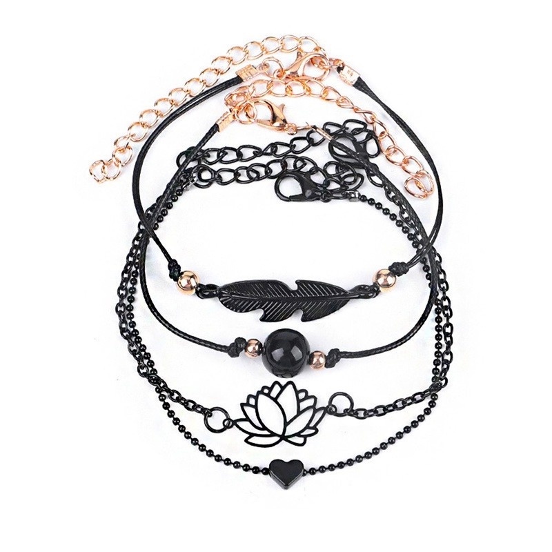 Set 4 Vòng Tay Bện Dây Hình Hoa Sen/Lá Sen/Lá Sen Màu Đen Phong Cách Bohemian Vintage Có Thể Điều Chỉnh Cho Nữ