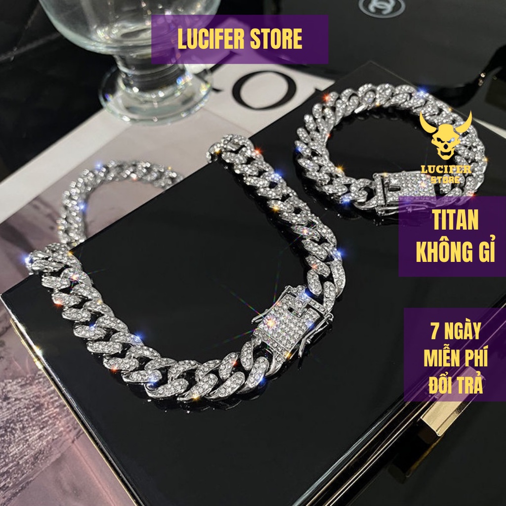 Dây Chuyền Bạc Nam Vòng Tay Cuban Đá Unisex Đẹp Thời Trang Phụ kiên Cá Tính LuciferStore Titan - Vòng Cổ CUBAN ĐÁ