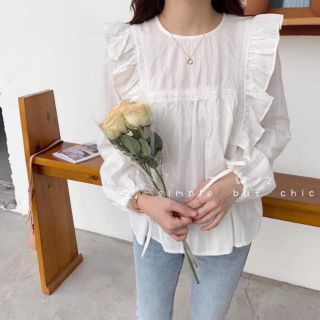 Áo sơ mi trắng babydoll cúc bọc siêu xinh kèm ảnh thật