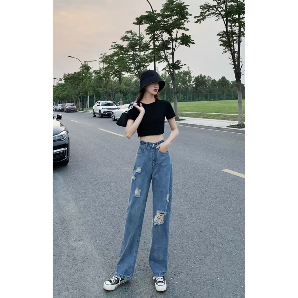 [ BUỒN LÀM CHI ] QUẦN JEAN ỐNG RỘNG NỮ LƯNG CAO RÁCH LỔM CHỔM MÀU XANH LAI CUỐN CAO CẤP NITI ĐỦ SIZE S, M, L CÁ TÍNH