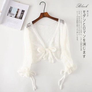 Áo Khoác Ren Mỏng Cột Nơ Tay Dài