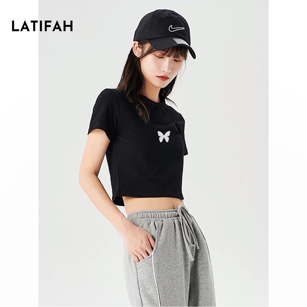 Áo thun croptop tay lỡ Latifah in hình con Bướm AT011 thun co giãn 4 chiều