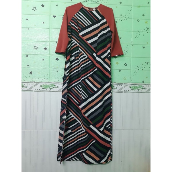 Thanh lý áo dài lụa phối vải đũi (kèm quần) eo 74cm, dây kéo bên hông phải