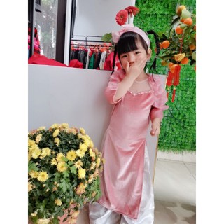 Áo dài cách tân nhung hồng kèm tuban cho bé gái