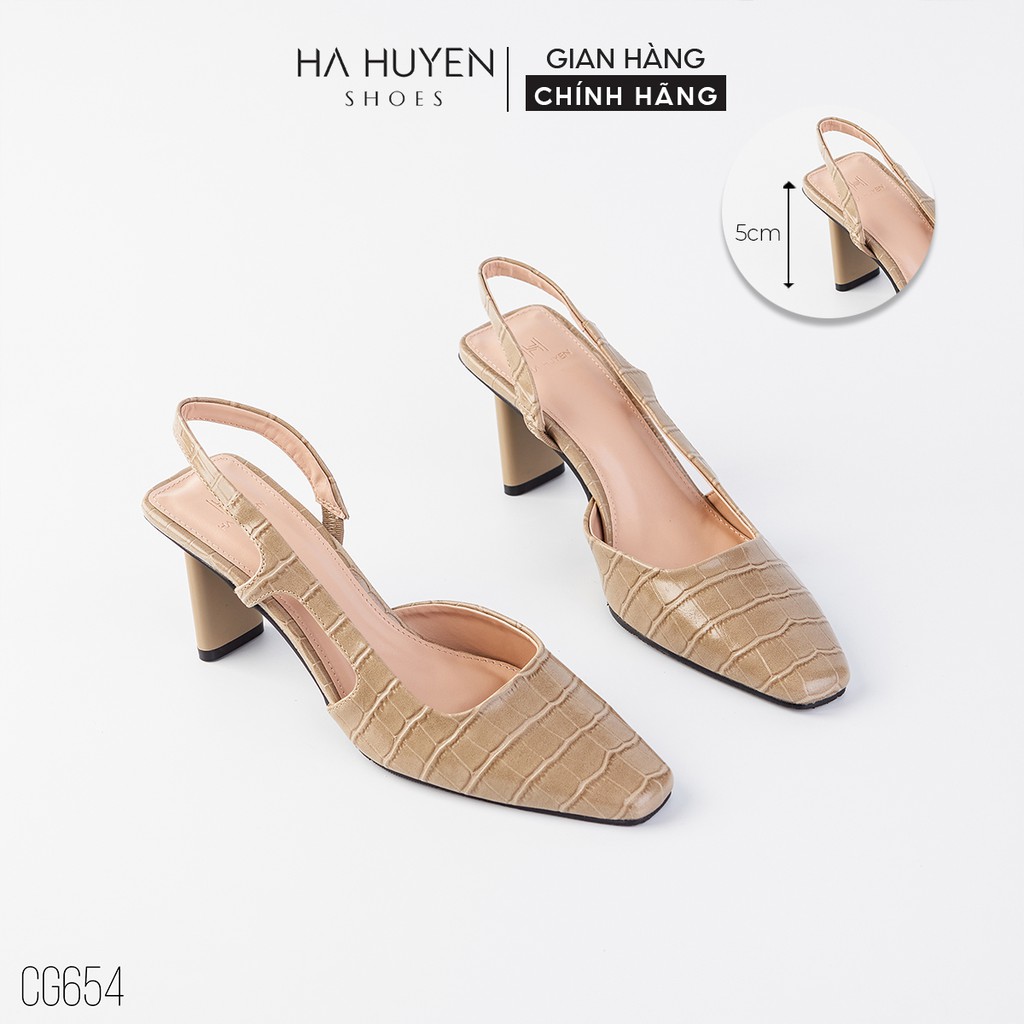 Giày cao gót nữ Hà Huyền Shoes vân da mũi vuông khoét eo bên quai hậu gót dẹt 5 phân - CG654