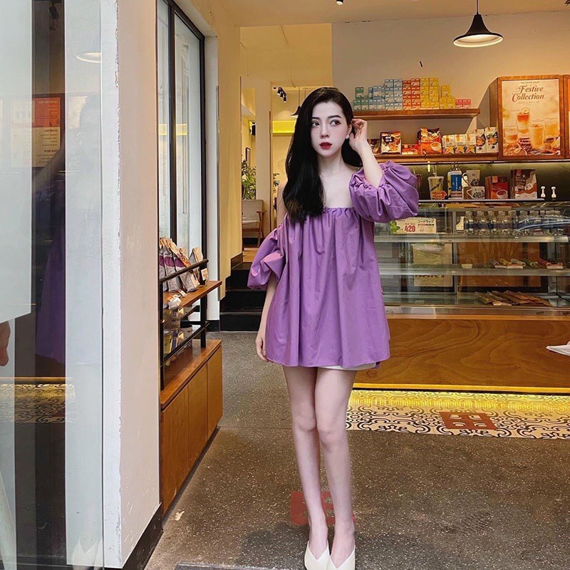 áo kiểu bệt vai tay ngắn bồng fom dài