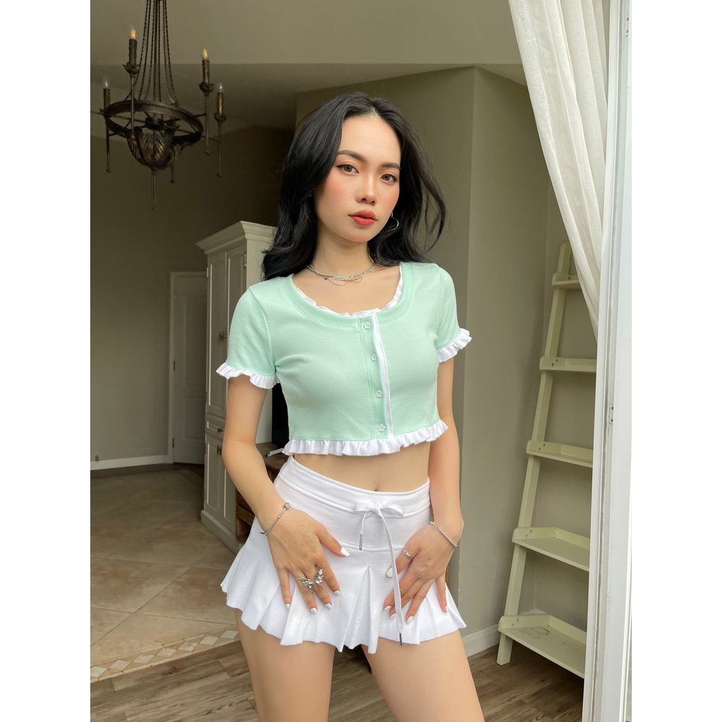 ÁO CROP CỔ VUÔNG "𝐂𝐇𝐄𝐋𝐒𝐄 𝐂𝐑𝐎𝐏" NHÚNG BÈO MÀU PASTEL DỄ THƯƠNG, COTON GÂN CO DÃN / CÓ THỂ LÀM Á0 KHOÁC NGOÀI