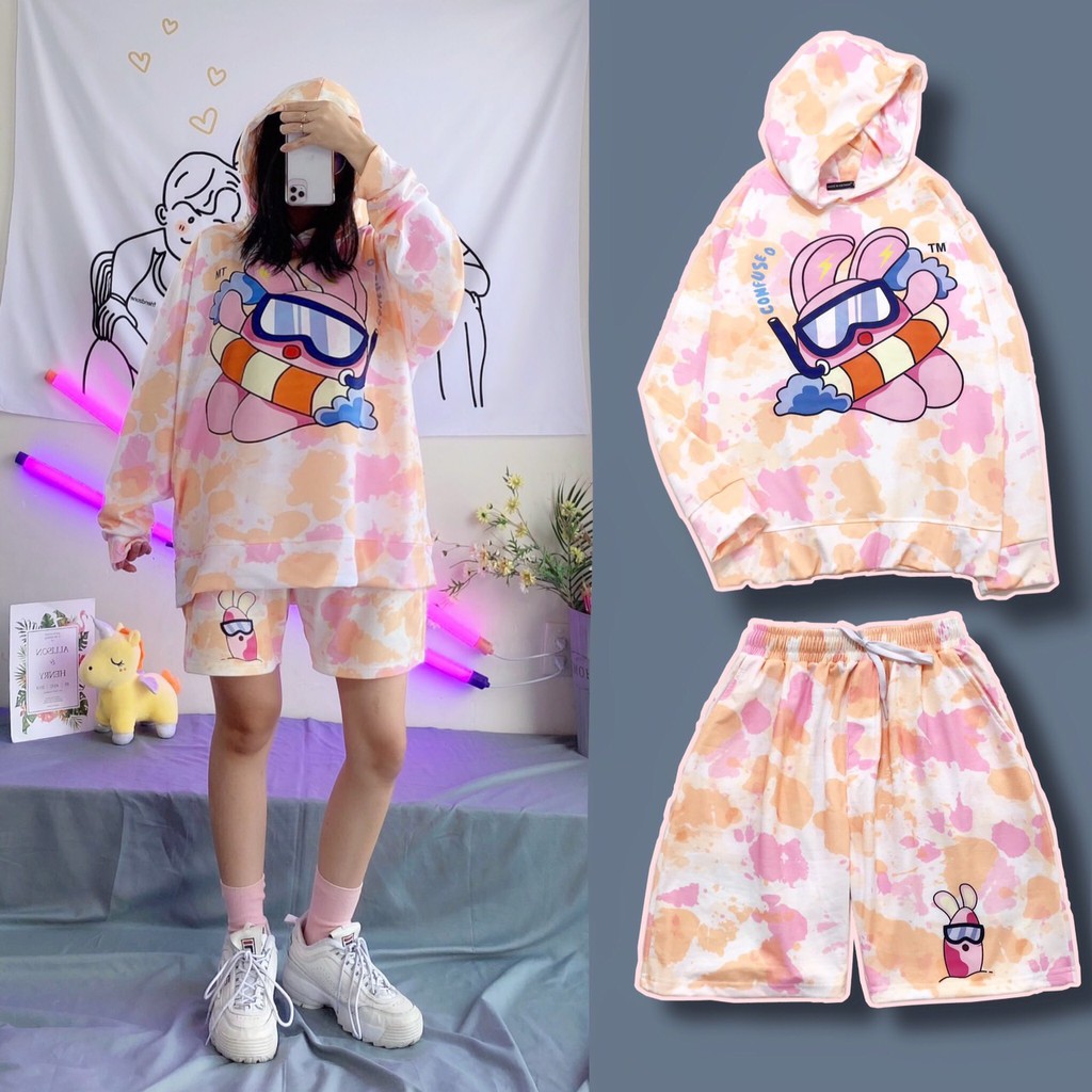 Set Áo Hoodie 3D In Hình Unisex Dáng Rộng Kèm Quần Short - Set Bộ Hoodie Loang Màu - MM