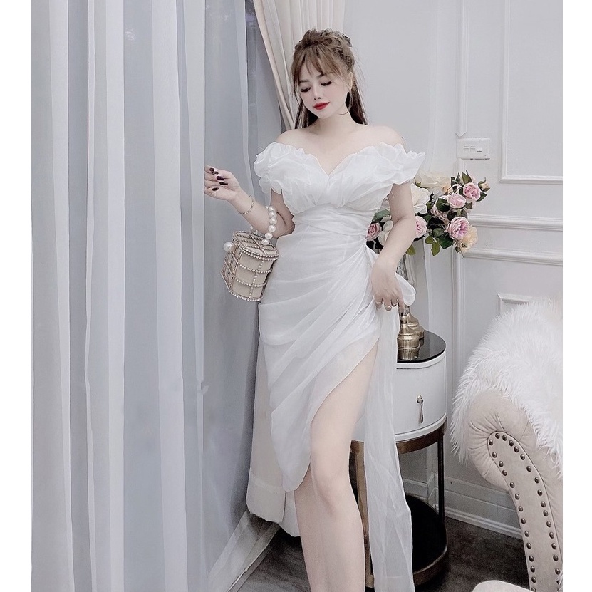 Đầm Dự Tiệc Body Trễ Vai Vải Tơ Organza Ánh Kim Xẻ Tà Nơ Eo, Váy Nữ Thiết Kế Sang Trọng, Kiểu Xoắn Bèo Ngực