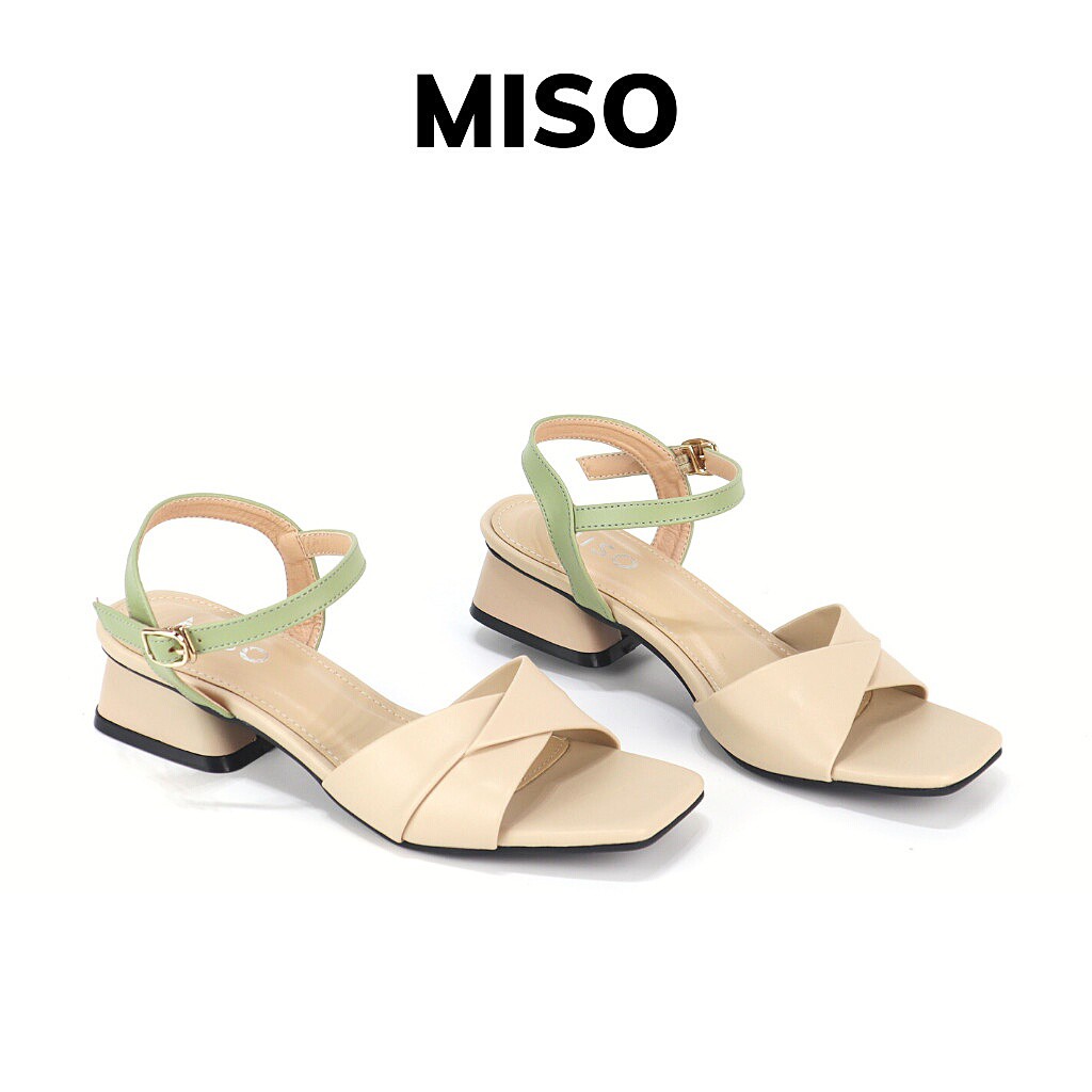 Giày sandal nữ quai ngang đắp chéo phối màu pastel êm chân mũi vuông cao 3cm MISO M043