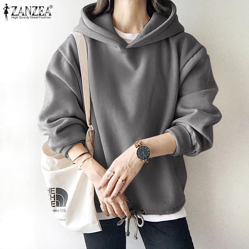 Áo hoodie Zanzea màu trơn cổ chữ O dây rút giữ ấm thời trang đường phố cho nữ（Phần mỏng）