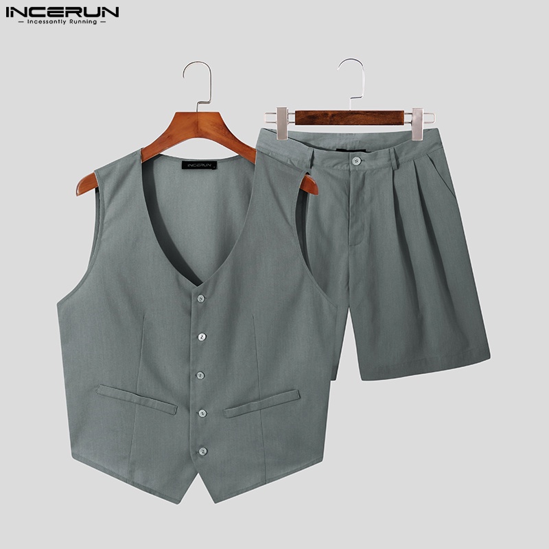 Set đồ INCERUN gồm áo sát nách và quần short đi biển màu trơn thời trang cho nam