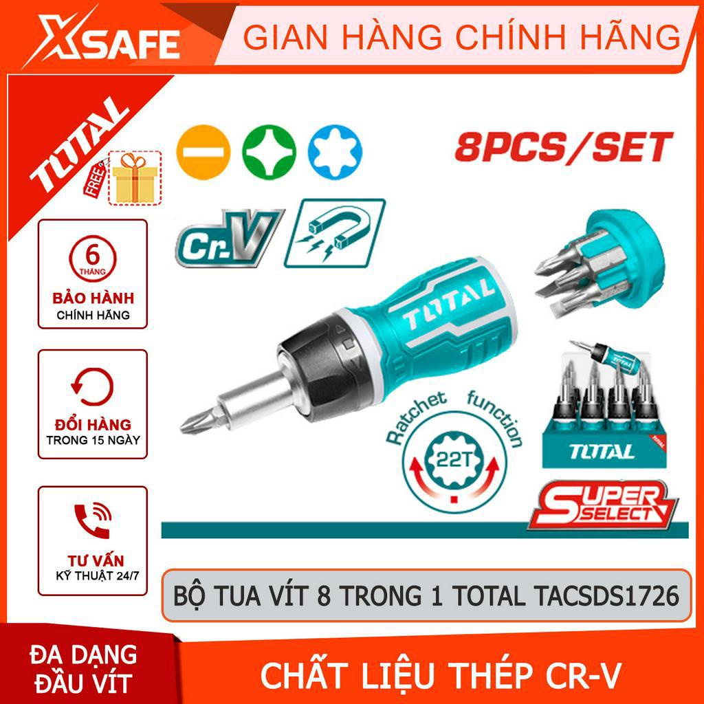 Bộ tua vít 8 trong 1 TOTAL TACSDS1726 tay vặn xoay chiều, chất liệu CR-V cứng chắc không gỉ, gồm 1 tay cầm và 7 mũi vít